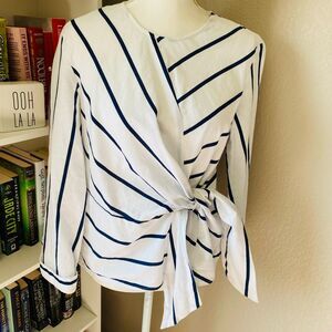 ZARA White Blue Stripe Front-Side Tie Front Long Sleeve Folded Cuffs Top Size XS